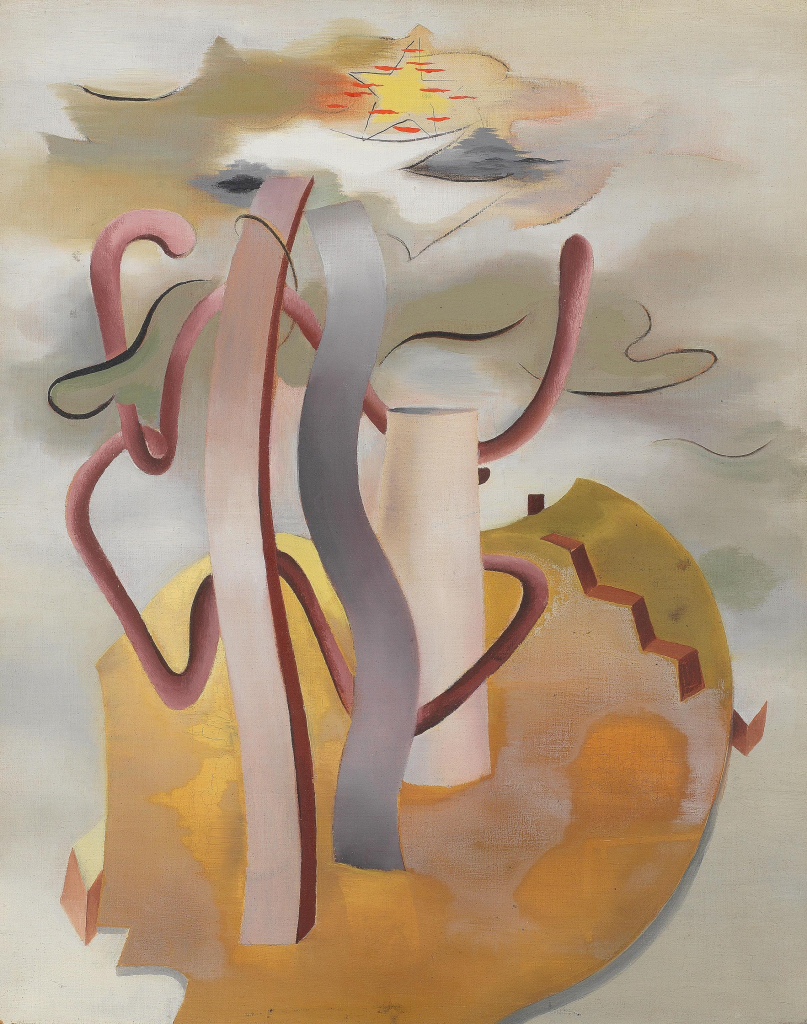 Abstract painting of curving rectangular and linear forms in soft pink and blue, standing in an ambiguous golden landscape overlaid with clouds