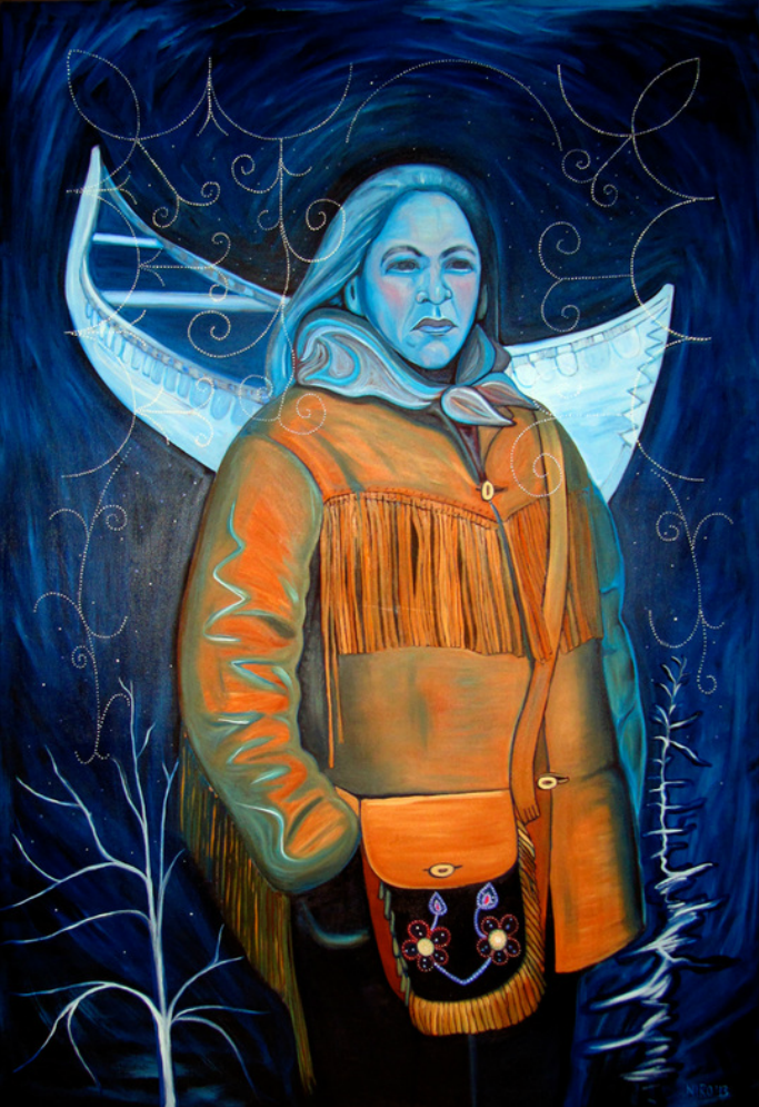 Painting of an indigenous woman in a blue palette wearing an orange buckskin coat with fringe. Behind her is a white canoe floating within an abstract dark blue background