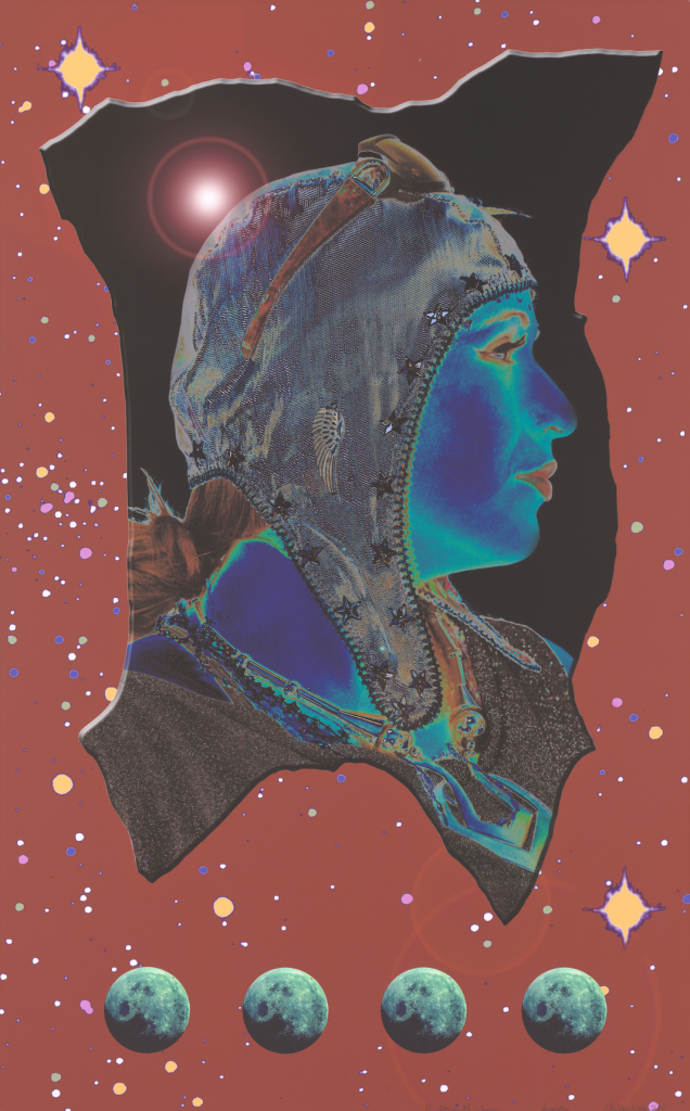 Collage image of a woman wearing an aviator's cap and goggles, seen in profile, her skin inverted to shades of blues and reds, within an abstract border surrounded by stars and moons on a maroon field