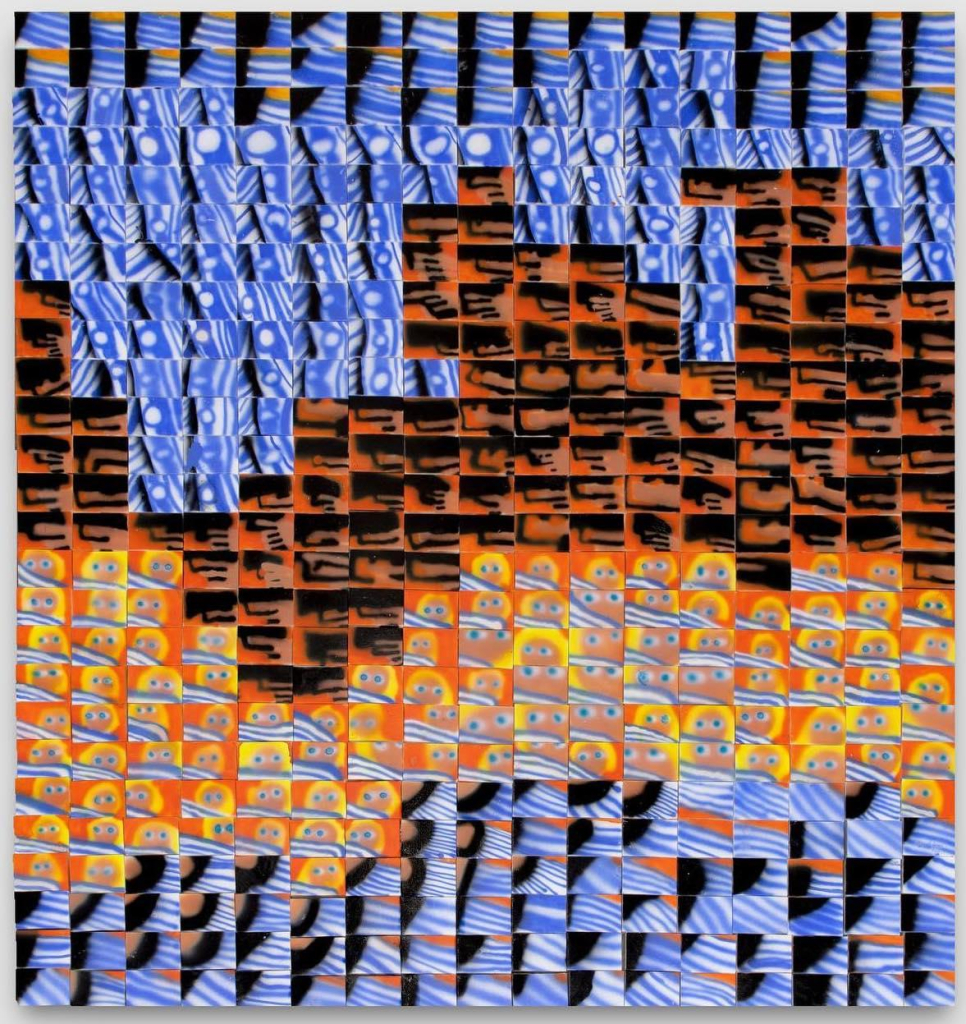 Grid made up of dozens of small rectangular canvases, including a grouping of cartoonish faces with blue eyes and blonde hair, creating an abstract composition in blue, black, and orange,