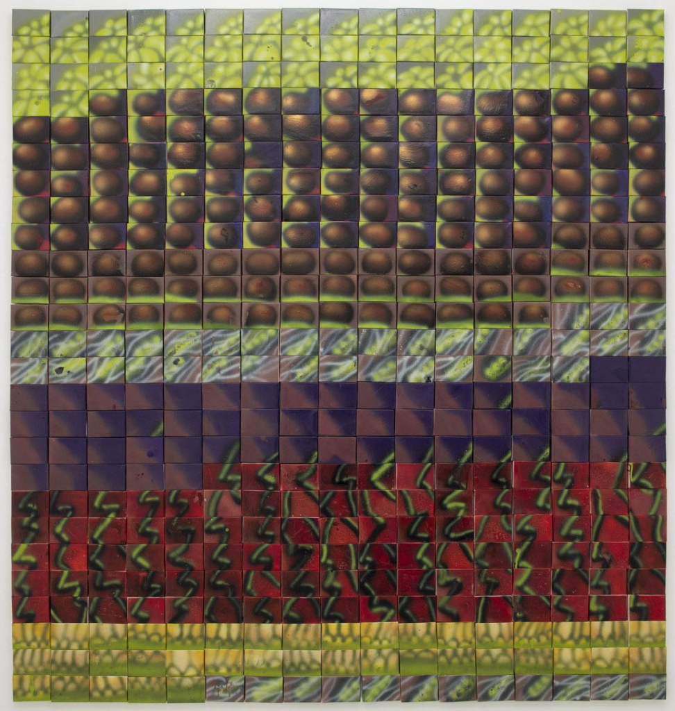 Grid made up of dozens of small rectangular canvases, creating an abstract composition in green, red, yellow, and brown