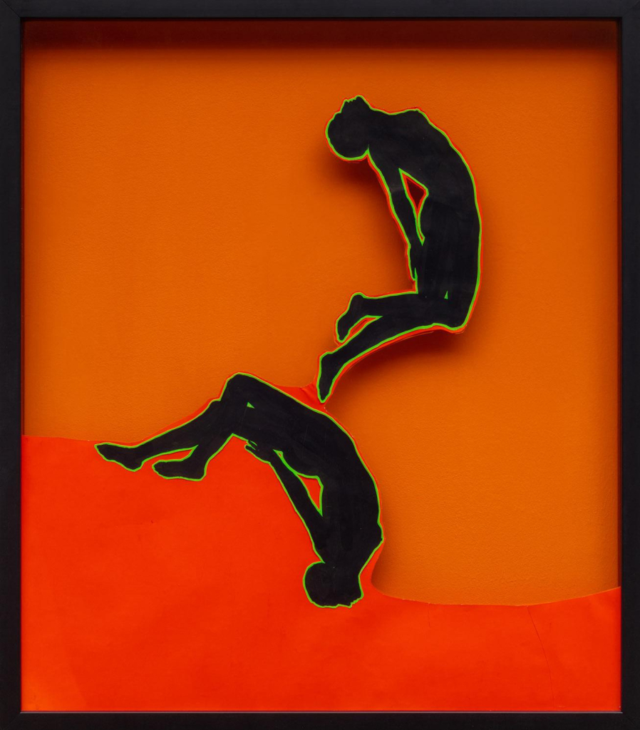 Two black silhouettes outlined in green flying/floating against an orange and red-orange background