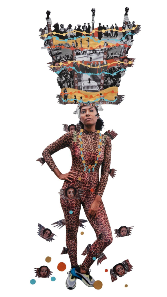 Collage of a Black woman wearing a leopard print jumpsuit, standing with her hand on her hip, wearing a large headdress composed of histprical newspaper images