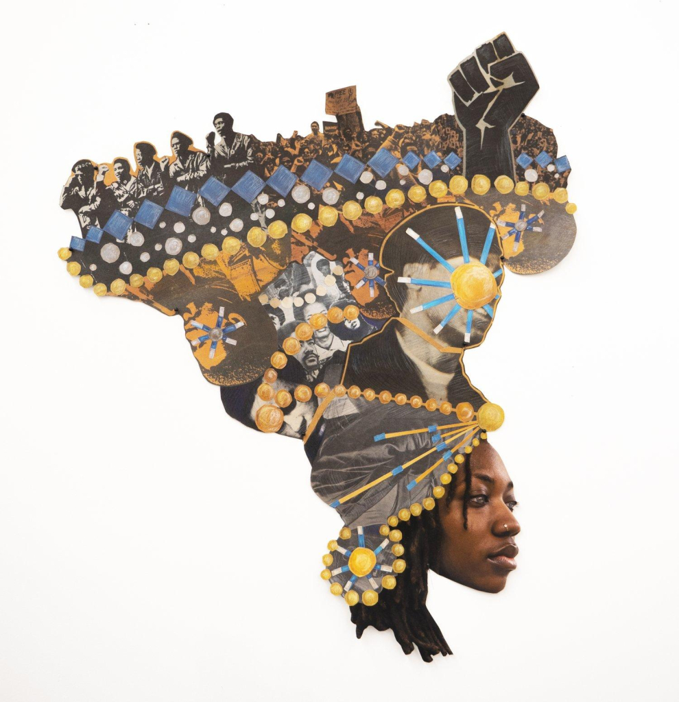 Collage of a Black woman wearing a large headdress composed of historical newspaper and images of Black Power symbolism