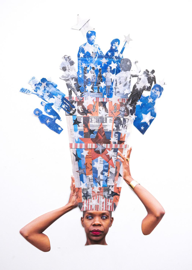 Collage of a Black woman wearing a large headdress composed of red, white, and blue newspaper images, including Black Panther imagery