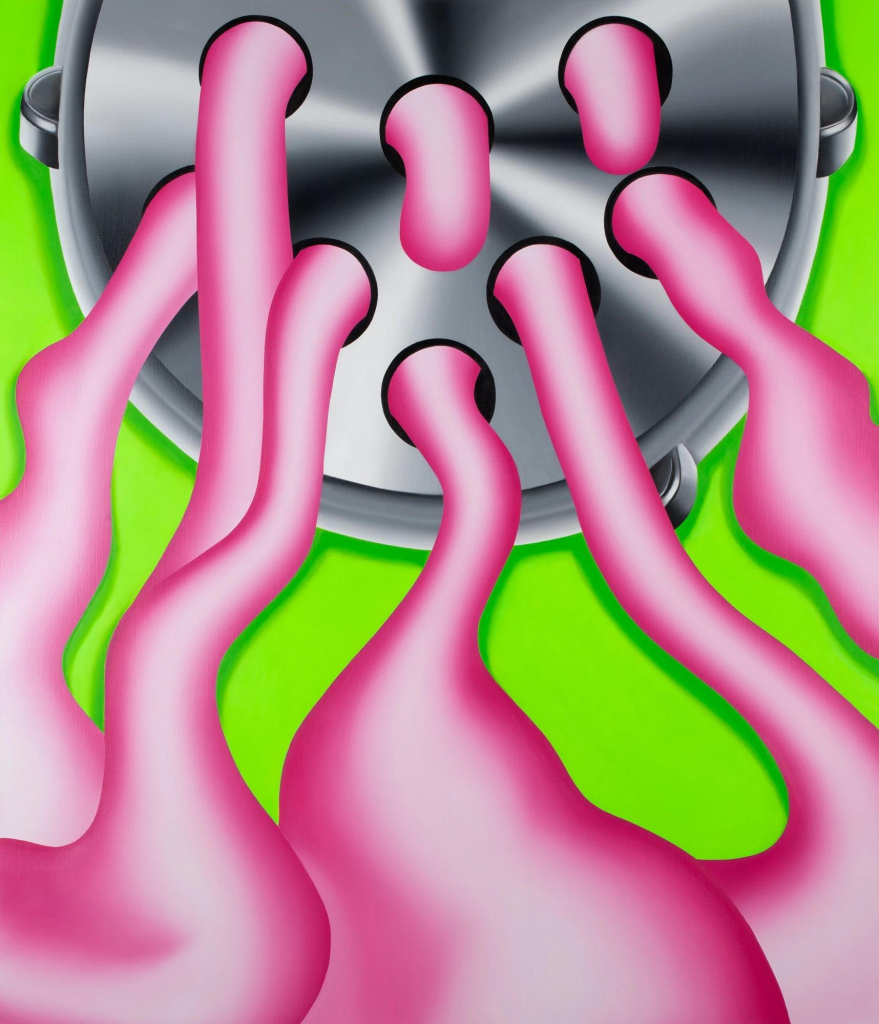 Painting of a shiny metallic device with large holes spouting pink bubblegum-like streams of goo against a neon green background