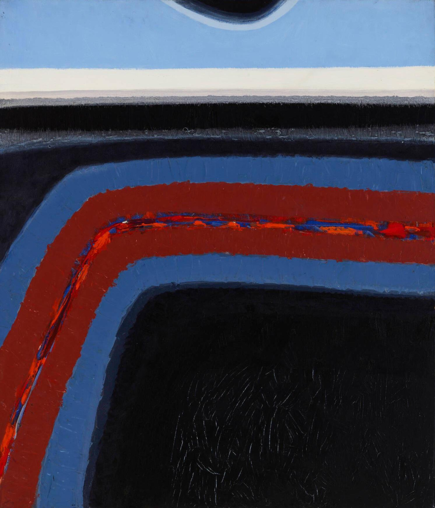 Abstract landscape with curving V-shape lines in red and blue against a black ground with a strip of light blue sky