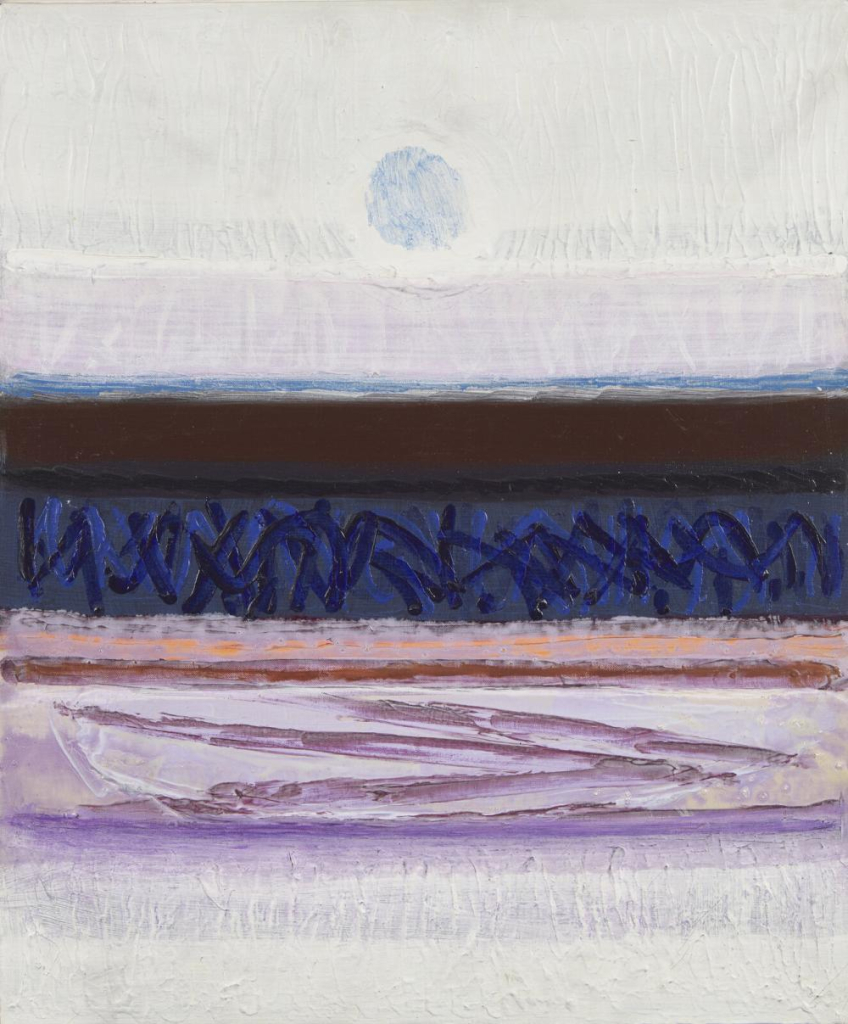 Abstract landscape with horizontal stretches of blue, brown, white, and purple, with a faint blue orb in the white sky