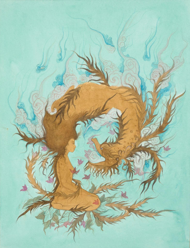 Painting of a woman kneeling in profile whose long hair is morphing into a dragon creature that is curving down to face her, surrounded by swirling clouds and leaves, against a light blue background