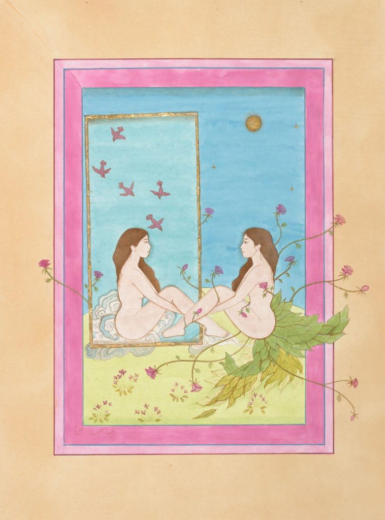 Miniature -style painting of a two identical seated women mirroring each other, surrounded by leaves, roses, and pink birds, set within a pink frame