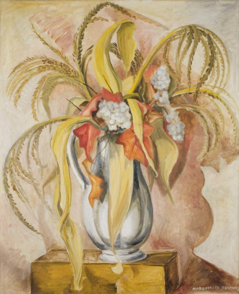 Floral still life painting of a yellow and orange bouquet in a white handled vase, against a soft peach background