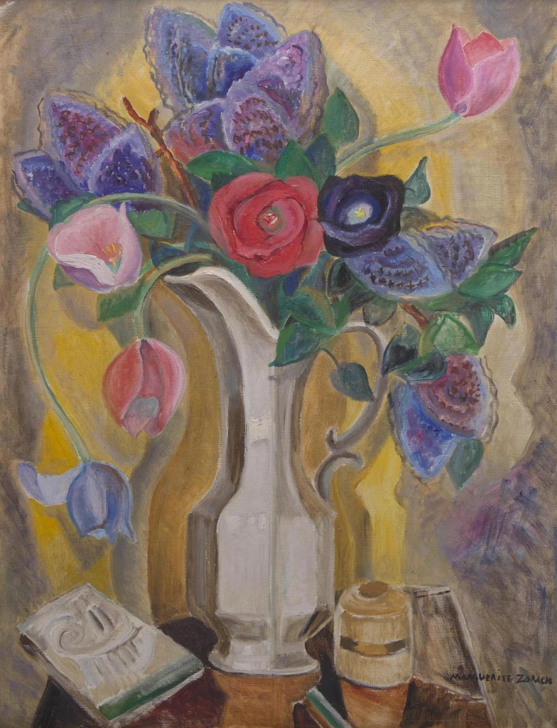 Floral still life painting of a colorful bouquet in a white jug, against a yellow background