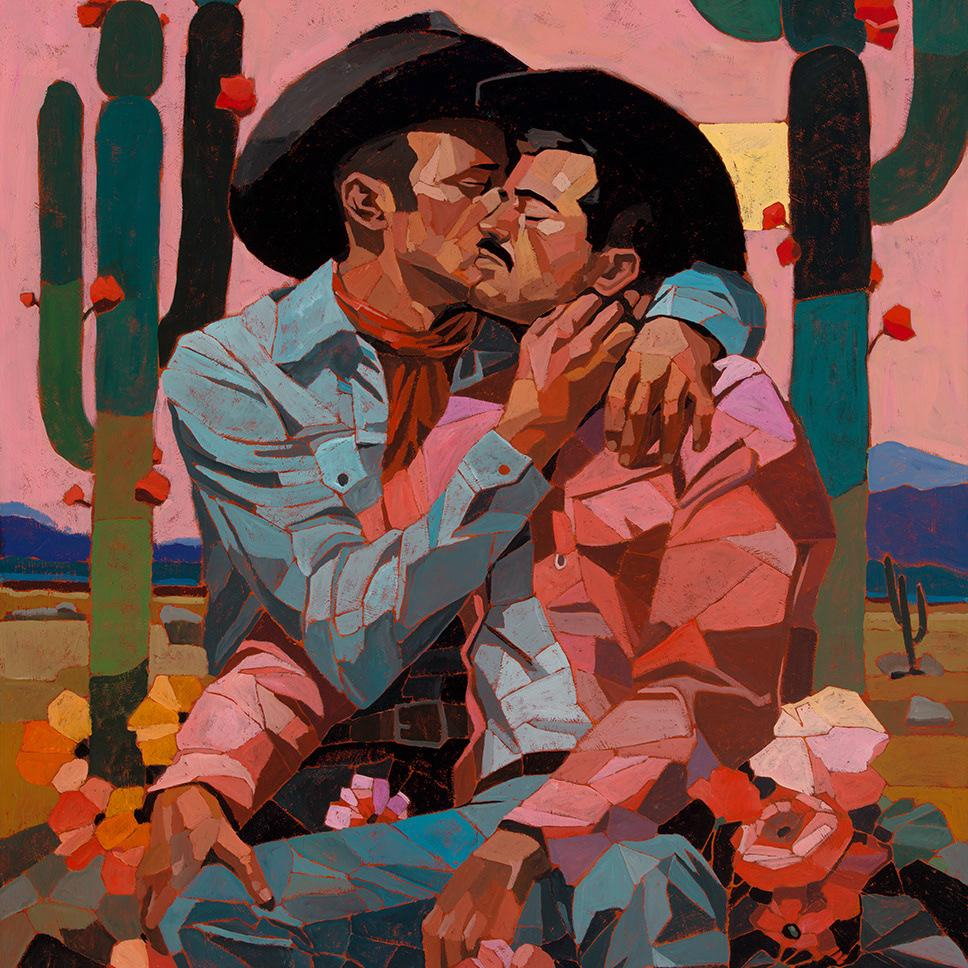 Painting in bold colors of two men wearing cowboy hats and collared shirts, with one man hugging the other from the back and kissing him on the cheek. They're seated in a desert landscape surrounded by cacti and flowers