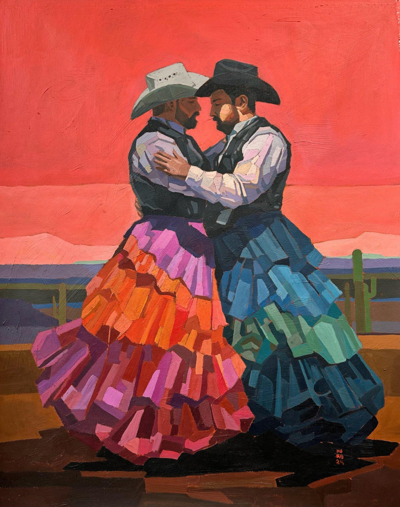 Painting in bold colors of two men wearing cowboy hats and long, flouncy skirts, embracing in a dance in a dessert landscape with a red-orange sky