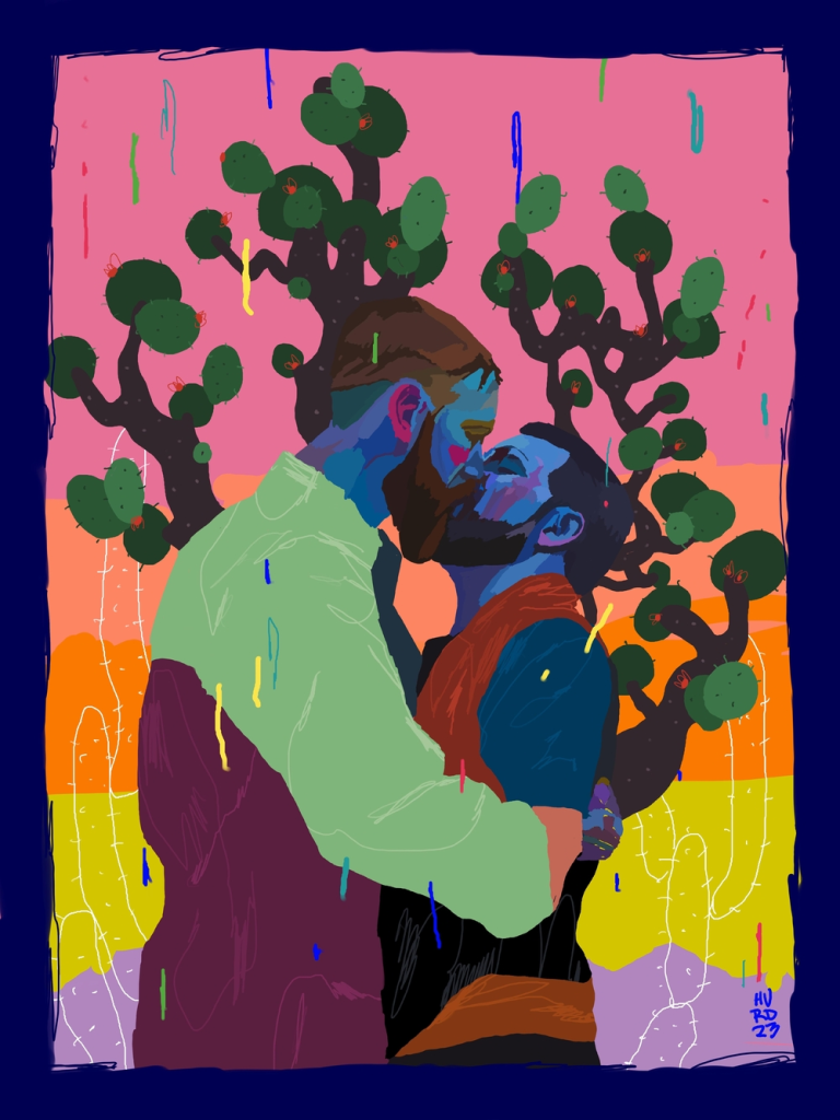 Painting in bold colors of two men with blue-tinted skin kissing, with cacti and a striped sky behind them in pink, orange, and yellow