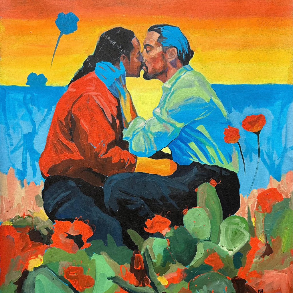 Painting in bold colors of two men kissing in a desert landscape with cacti at their feet