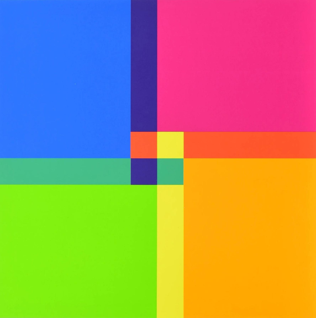 Concrete composition of several rectangles of different sizes positioned around a central square made up of four smaller squares, all in a bright palette of flat bold colors