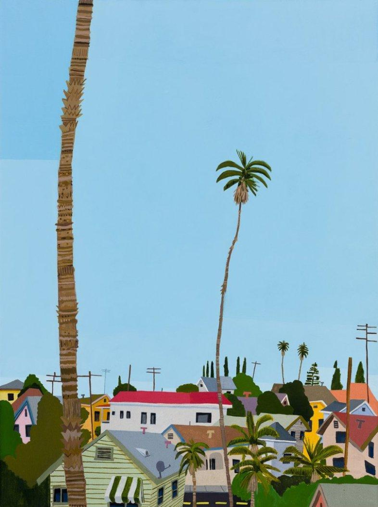 Painting of a clear blue sky with a very tall skinny palm tree in the middle ground and another one in the foreground with just the trunk visible. In the lower quarter of the canvas various houses and roofs are visible