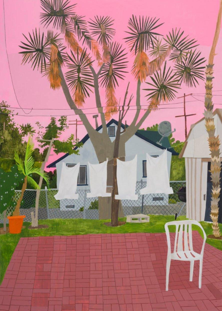 Painting of a red brick patio with an empty white chair and white clothes hanging on a line, presided over by a large desert tree, against a fair pink sky