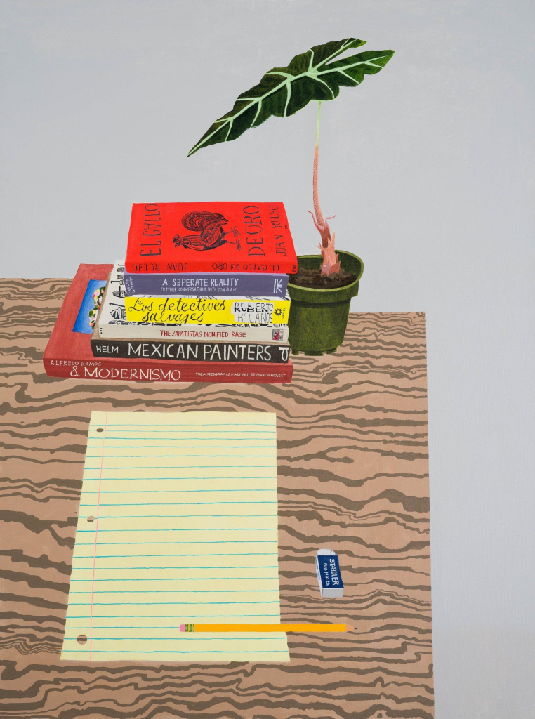 Painting of a wooden table in a gray room holding an empty lined sheet of paper with a pencil and eraser, along with a stack of books in Spanish and English and a small potted green plant