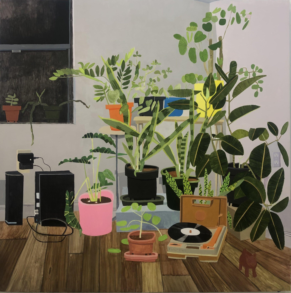 Painting of a collection of green houseplants gathered in the corner of a grey-walled room with a record player and speakers on the wood paneled floor