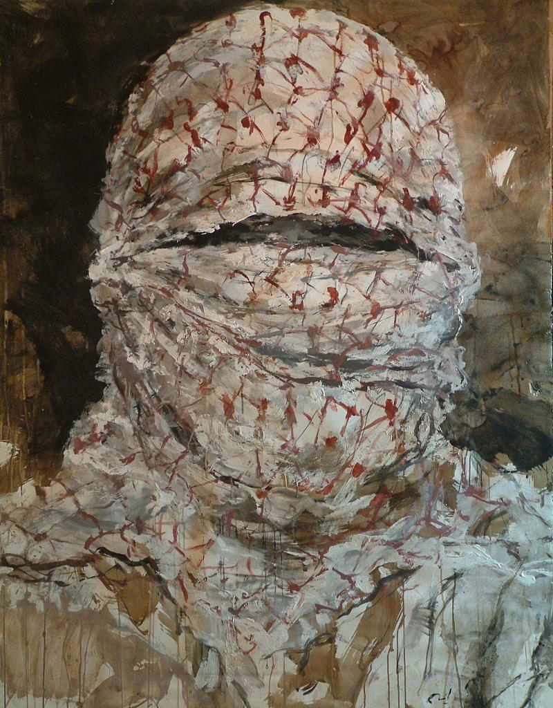 Expressionist-style painting of a figure whose face and head are covered by a red and white keffiyeh, against a brown background