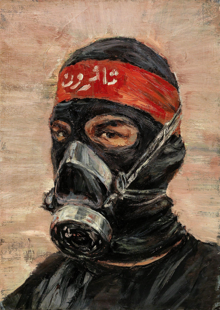 Expressionist-style painting of a figure whose face and head are covered by a black balaclava, with a red headband and a gasmask around their mouth and chin, against a white-brown background