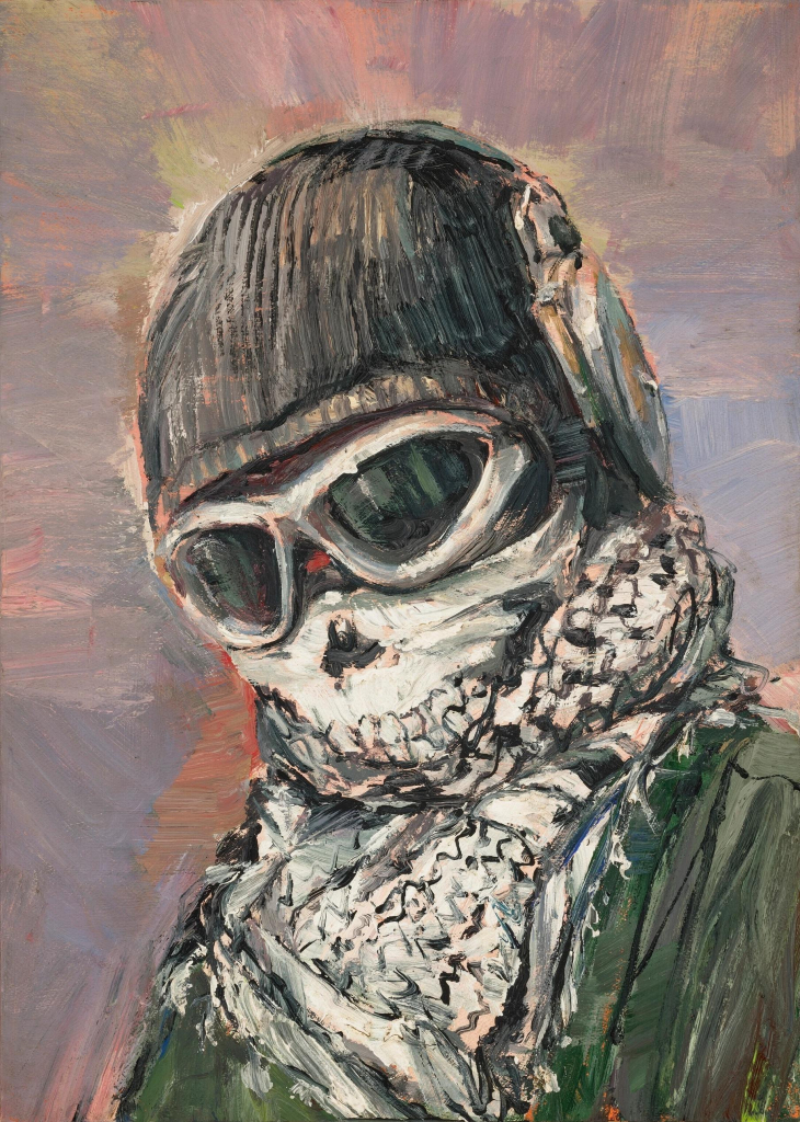 Expressionist-style painting of a figure wearing a gray helmet, goggles, a skull facemask, and a black and white keffiyeh, against a gray-purple background