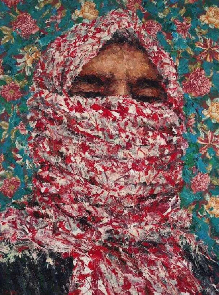 Expressionist-style painting of a figure whose lower face and head are covered by a red and white keffiyeh, against a floral blue background