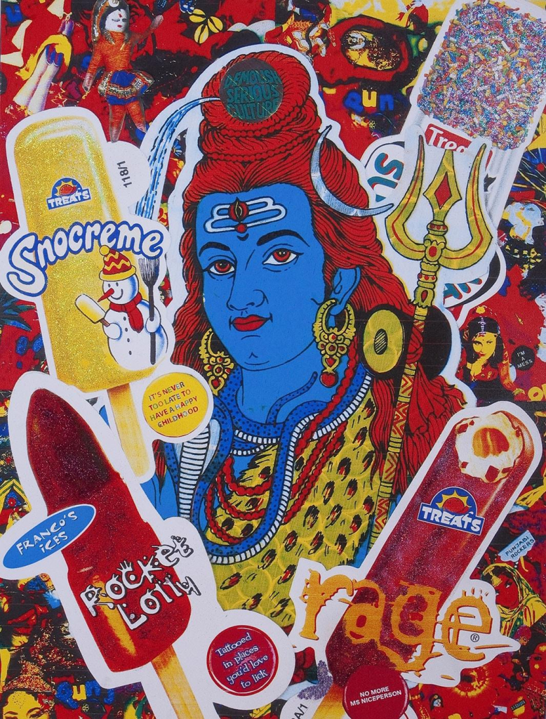 Collage image of a Hindu god within a sea of frozen treats