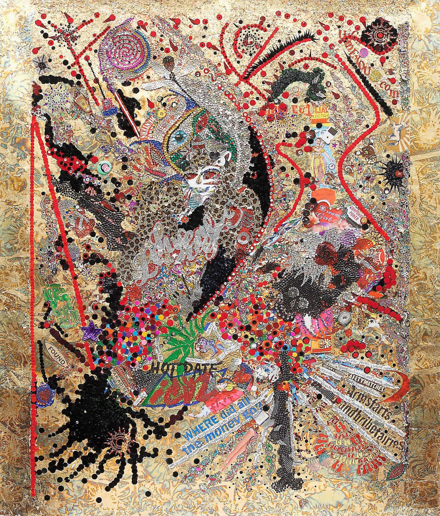 Collage image of swirling jeweled abstractions and newspaper text