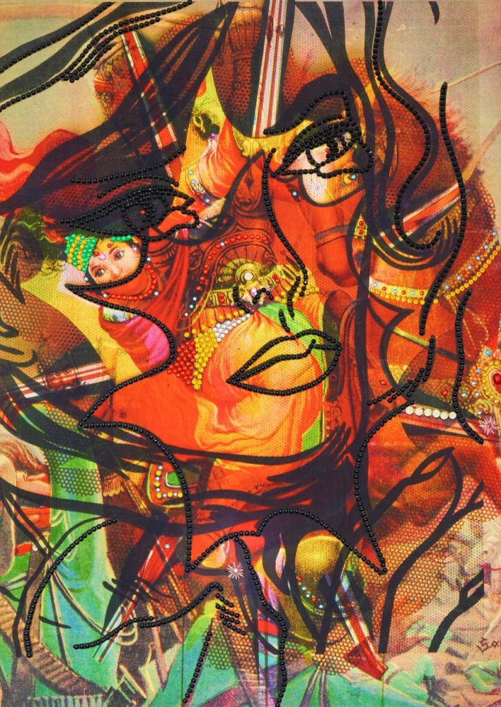 Collage image of a woman's face in dark outline over printed imagery of a Hindu figure on a horse