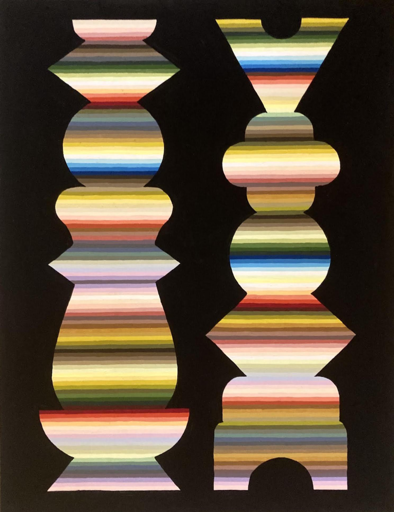 Two vertical column structures against a black background, decorated with colorful horizontal stripes and featuring various curves and angles along their sides