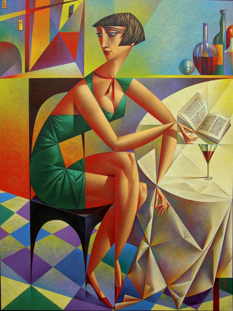 Cubist-style painting depicting a tanned woman with short dark hair wearing a tight green dress, sitting at a cafe table with a glass of wine and a book, against a colorful background with a checkered floor