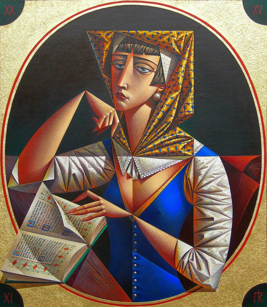 Cubist-style painting depicting a white woman with short dark hair wearing a tight blue bodice and patterned head covering, sitting at a wooden desk with an illuminated manuscript