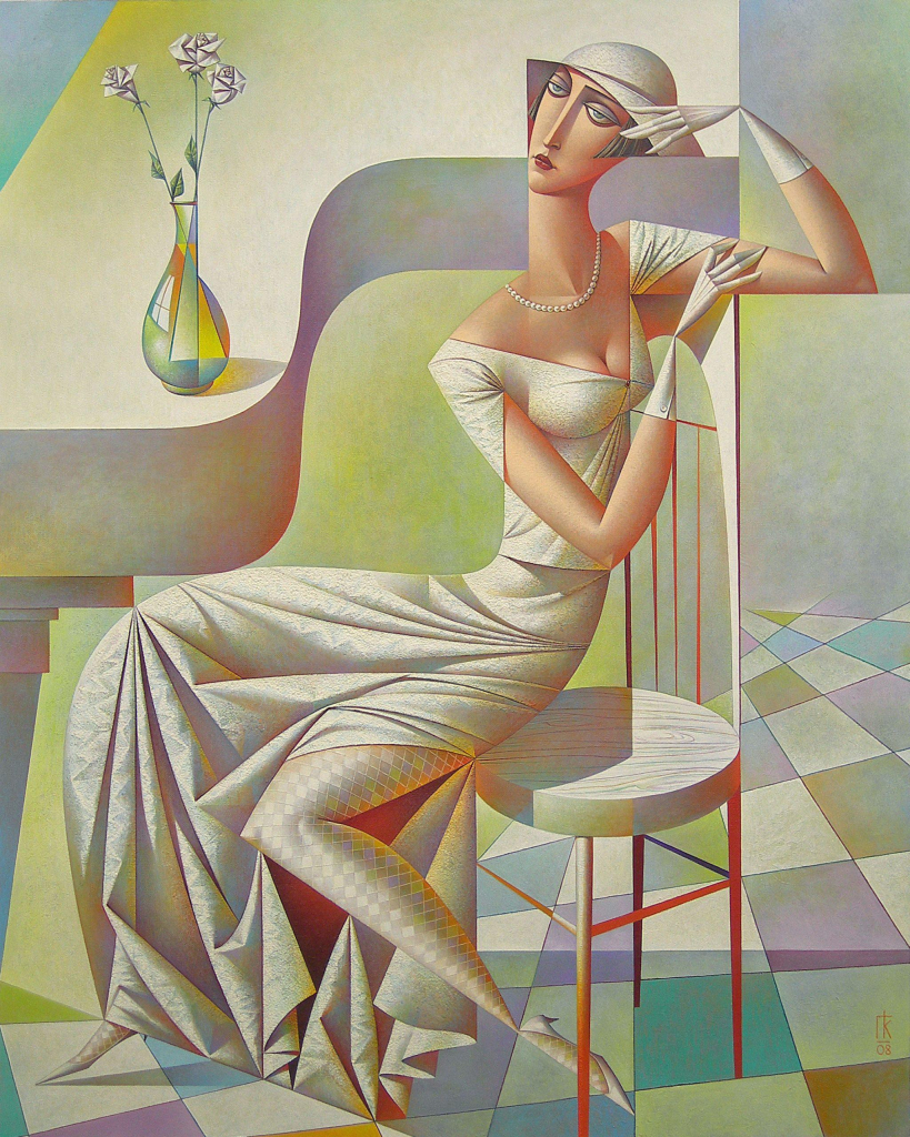 Cubist-style painting depicting a white woman wearing a long white dress and white hat, sitting at a curving table with a vase of flowers, against a geometric background with a checkered floor