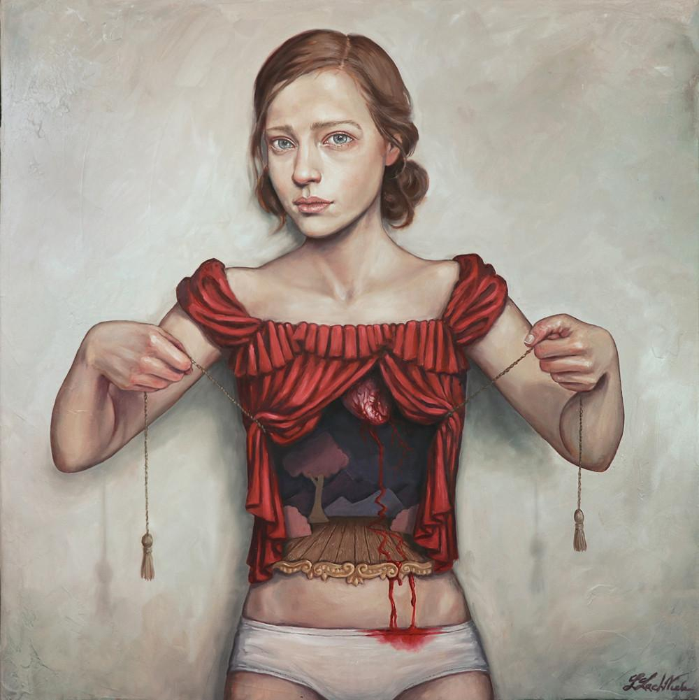 Painting of a young white woman wearing a red top, her arms holding two cords to pull back the fabric like curtains, revealing a theatrical stage with her heart floating above the set and dripping blood