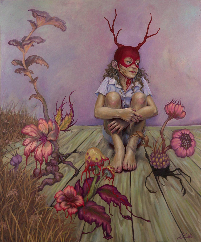 Painting of a girl with curly brown hair sitting on a wooden floor with her knees up, wearing a red mask/head covering with antlers, surrounded by surreal pink and red flowers