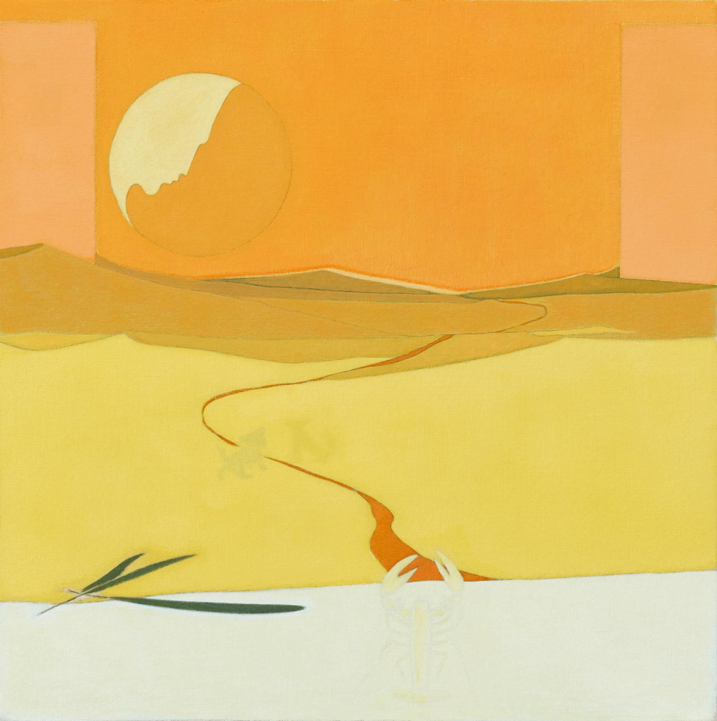 Painting of a semi-abstract landscape of a yellow desert landscape with a winding red-orange stream, against an orange sky