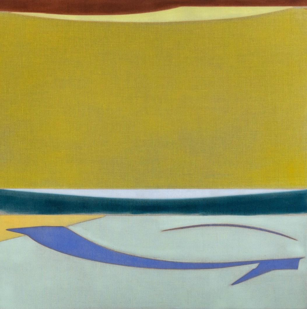 Painting of a semi-abstract landscape of a blue and teal landscape against a yellow-green sky