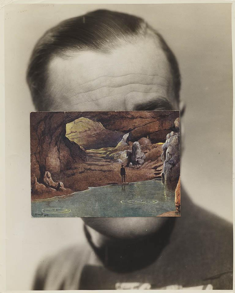 Black and white photo of a man with slicked-back hair, his face is covered by a color postcard of a cave with a pool of water and a small standing figure. The shape of the cave illustration lines up with the shape of the man's head.