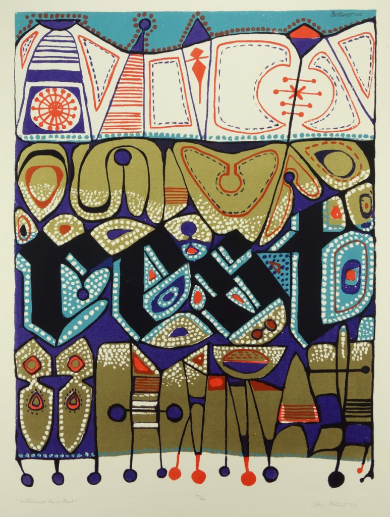 Print of a heavily patterned abstract scene in yellow-green, blue, purple, and red, with the word "rest" written in black medieval-style letters running across the center