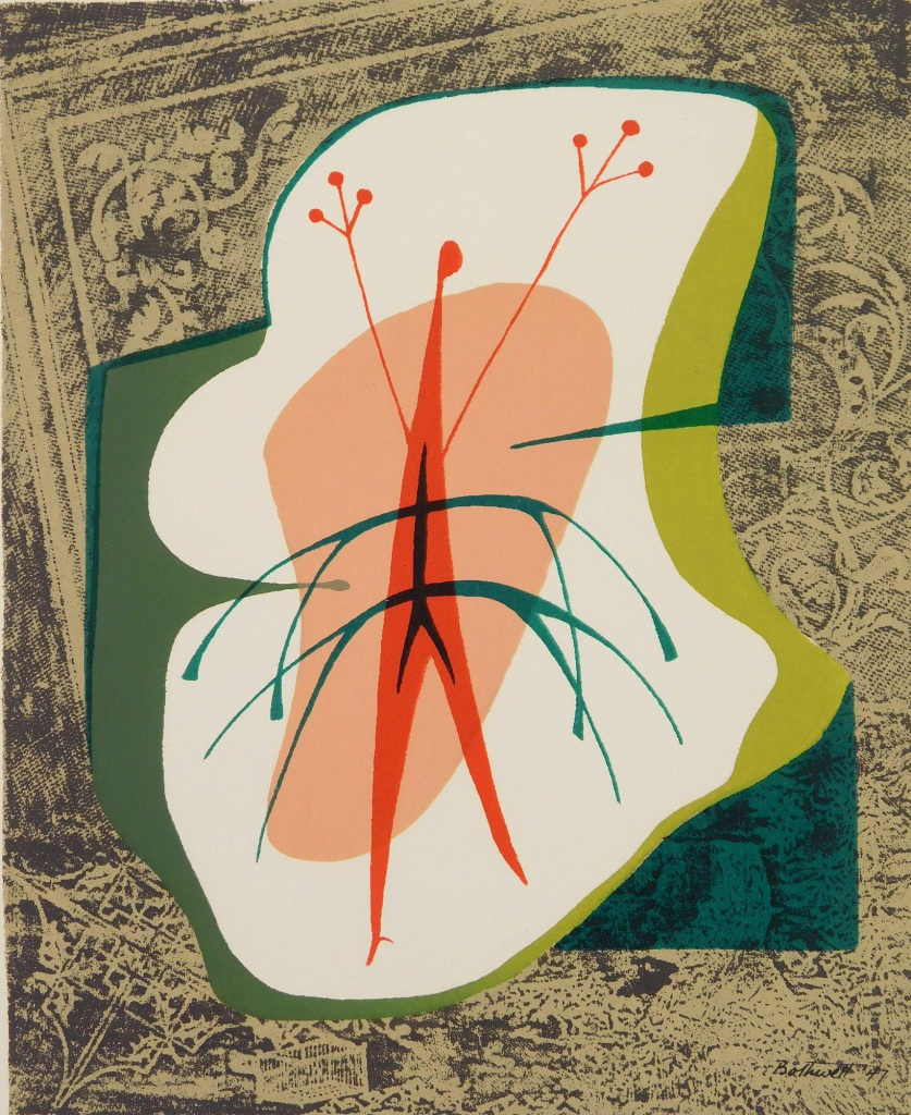 Print of a semi-abstract scene with a simplified cartoon figure in red raising their arms high within an orange, white, and green blobby shape, against a textured monochromatic background