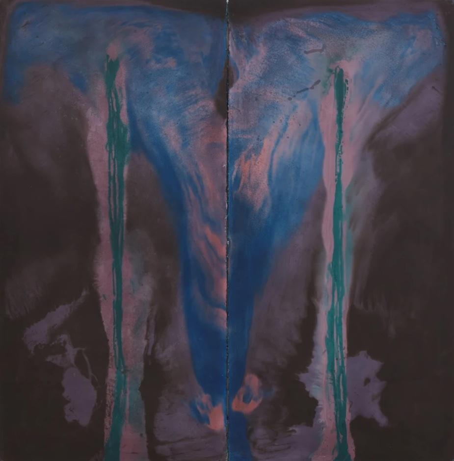 Abstract painting on two tall rectangular canvases lined up next to each other to form a  square, with vertical, almost symmetrical dripping forms in blue, pink, and green against a dark gray background