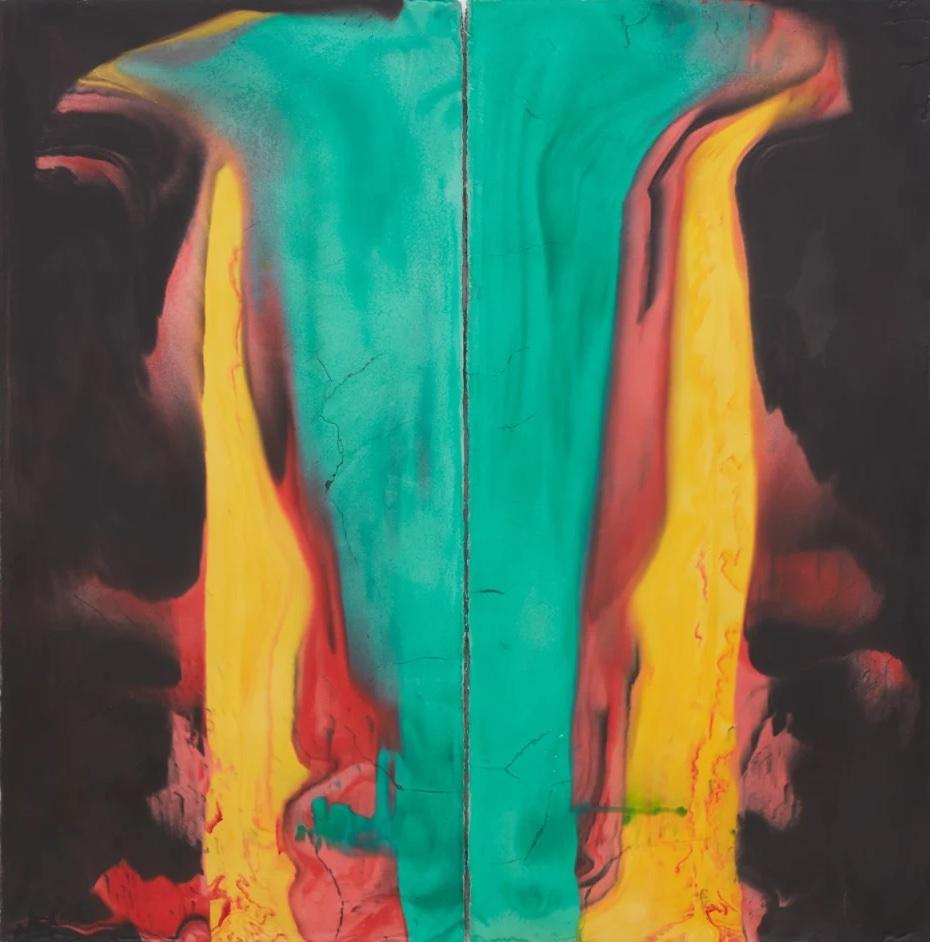 Abstract painting on two tall rectangular canvases lined up next to each other to form a square, with vertical, almost symmetrical dripping forms in green, pink, and yellow against a dark background