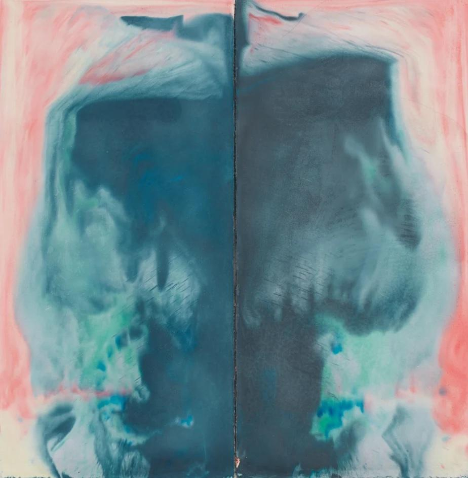 Abstract painting on two tall rectangular canvases lined up next to each other to form a square, with vertical, almost symmetrical flowing forms in deep teal and pale seafoam, against a pink background