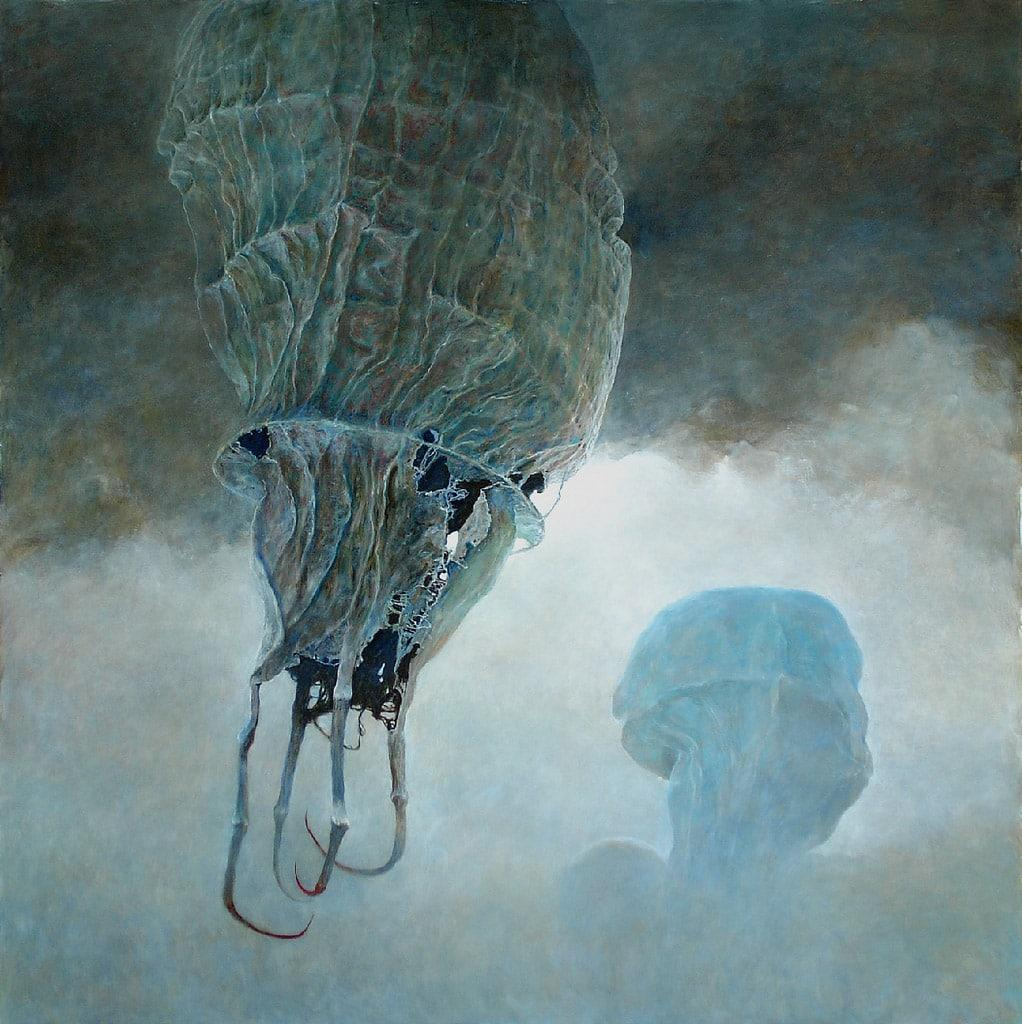 Painting of an oblong, balloon-like grey form with pincers at its bottom opening, floating in a cloudy sky with a similar form in the background