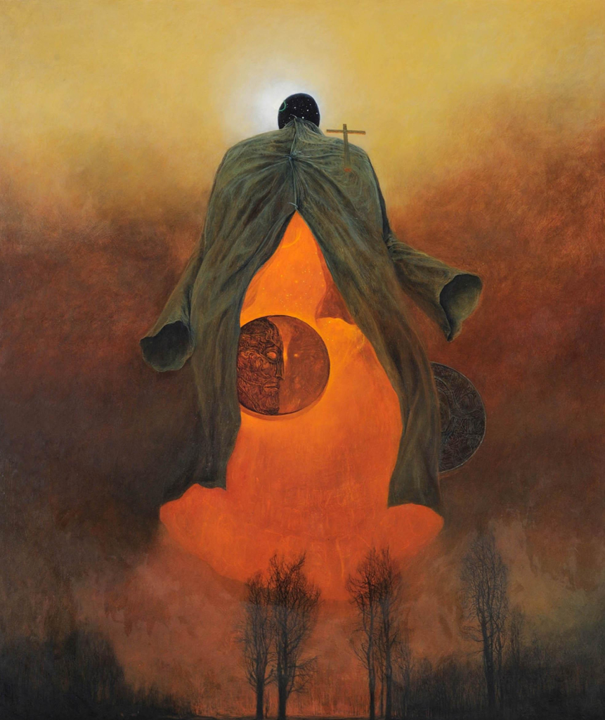 Painting of a huge cloaked figure floating in an orange clouded sky, with a two-faced moon emerging from within the cloak's central opening. Below is a landscape of dark trees