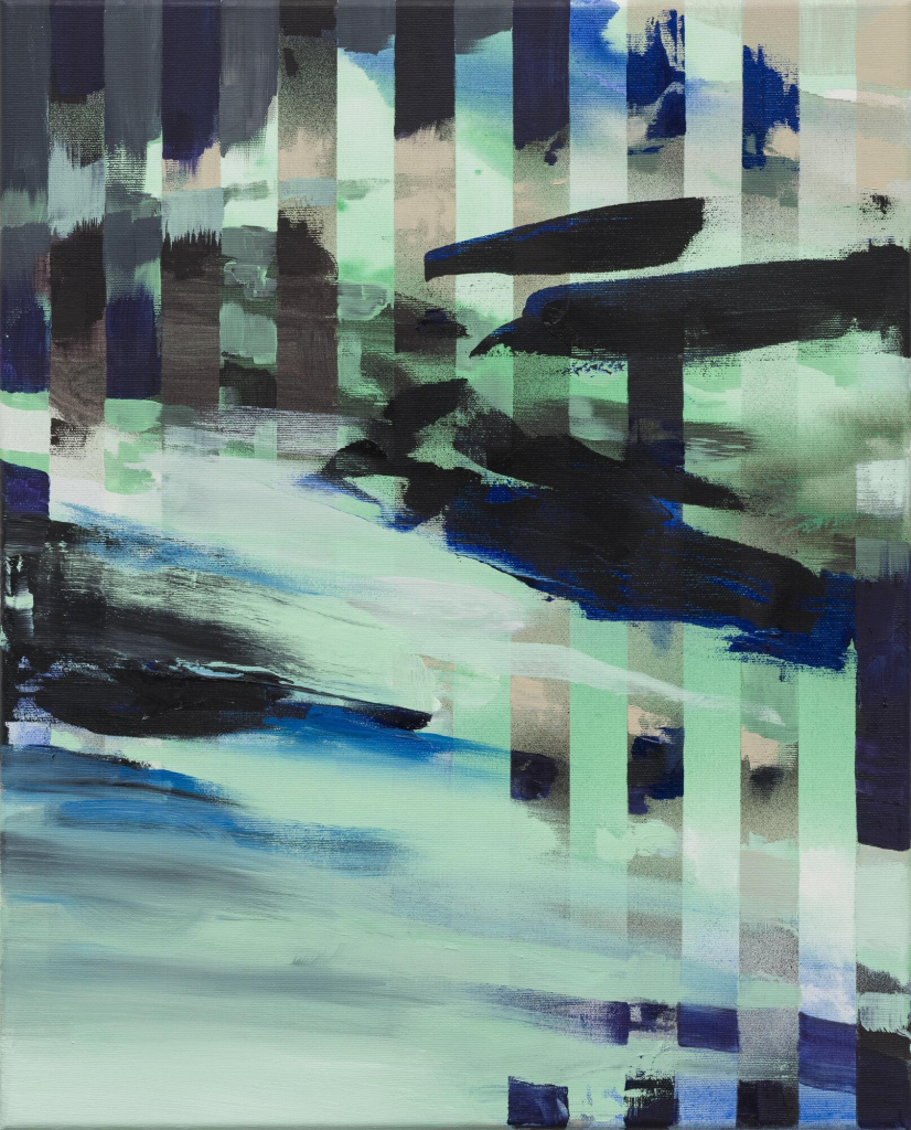 Abstract painting with straight vertical bars across a gestural composition of blue, seafoam, and brown horizontal brushstrokes