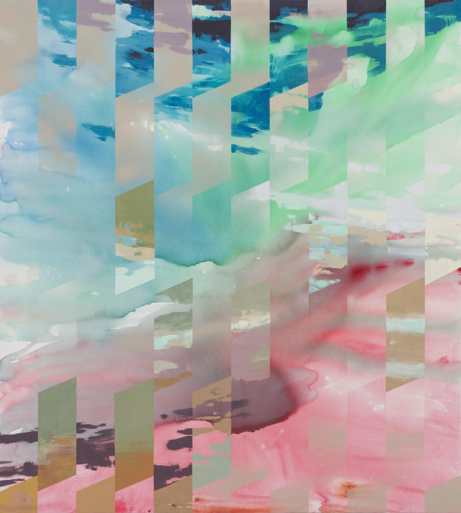 Abstract painting with straight vertical bars across a gestural composition of pink, green, and blue brushstrokes resembling clouds